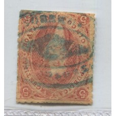 ARGENTINA 1864 GJ 19 RIVADAVIA ESTAMPILLA DE 1ra TIRADA CON VARIEDAD FALTA DE IMPRESIÓN DEL MARCO EXTERIOR INFERIOR IZQUIERDO Y MATASELLO ROCOCO DE DOLORES, RARISIMO + 900 %